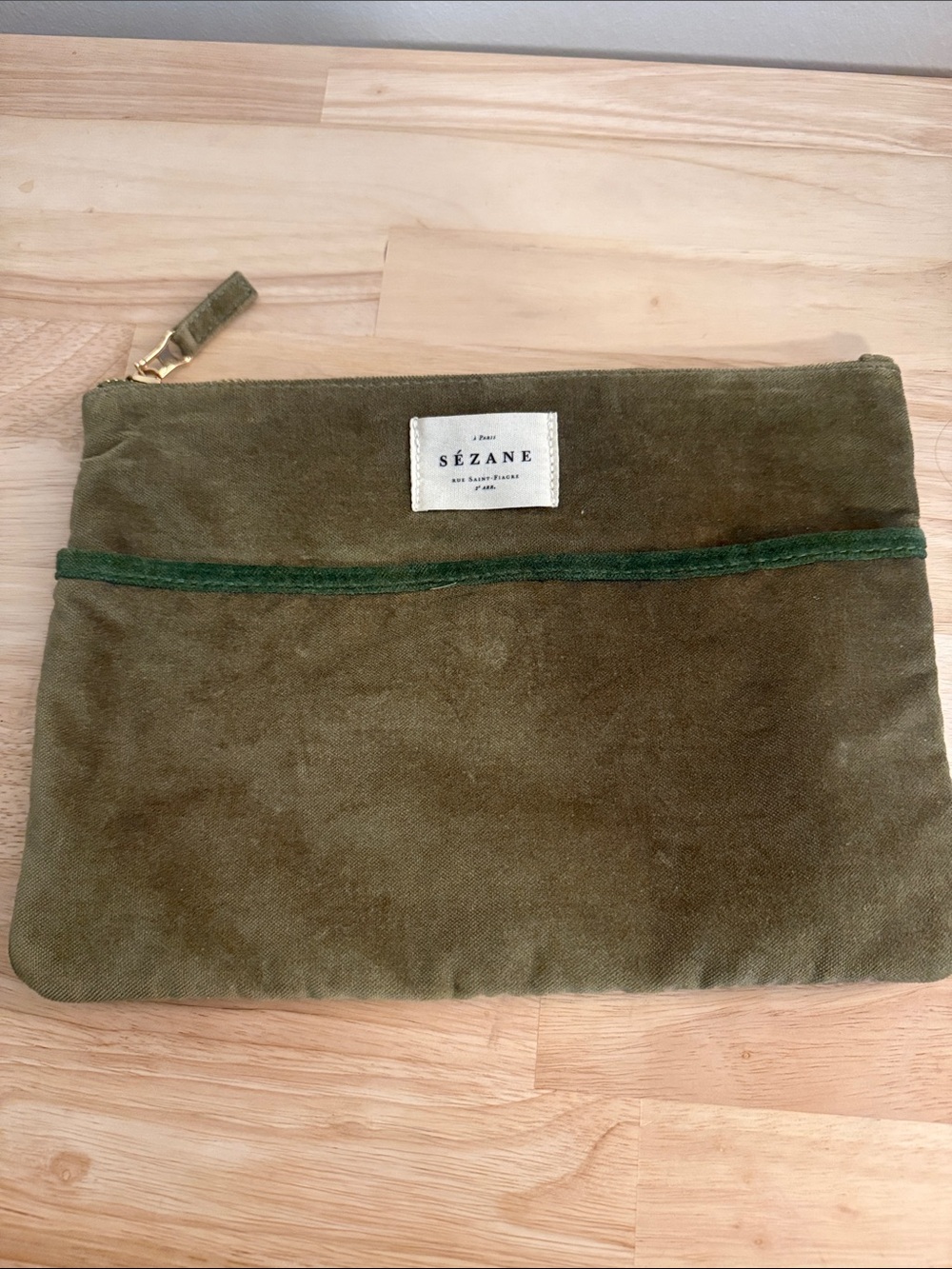 Sezane Olive Velvet Cosmetic Pouch with Dark Green Trim